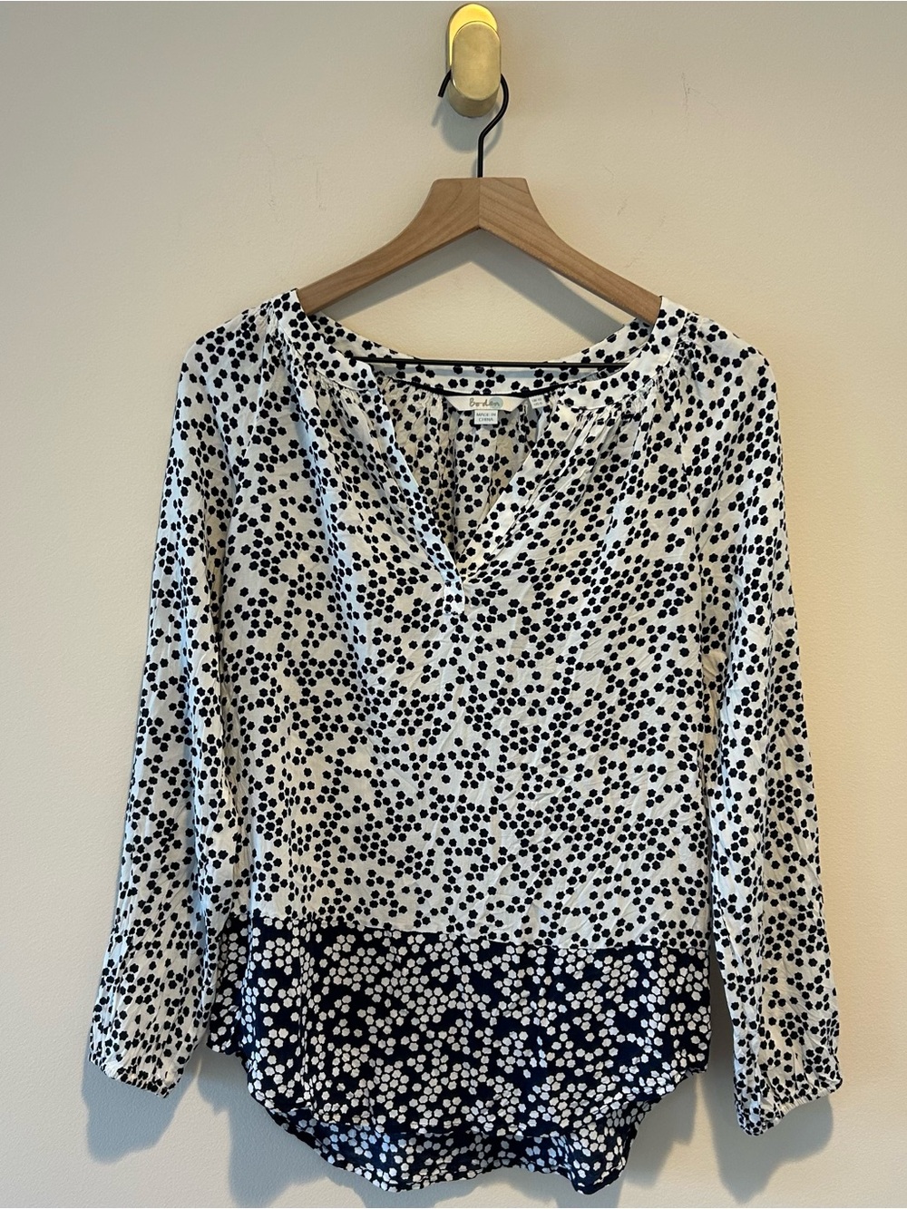 Boden Maya Popover Blouse Contrast Navy and White Dot Print